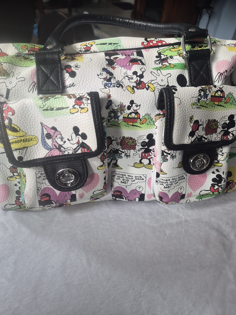 Mickey & Minnie Comic Print Satchel Handbag - White with Black Trim